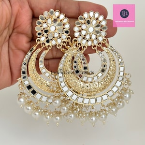 Mirror chandbali Earrings/Indian Earrings/pearl Earring/Pakistani/Statement/Long chandelier/bridal/Indian wedding