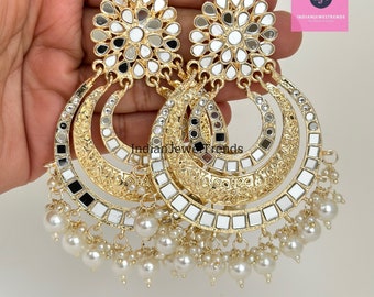 Mirror chandbali Earrings/Indian Earrings/pearl Earring/Pakistani/Statement/Long chandelier/bridal/Indian wedding