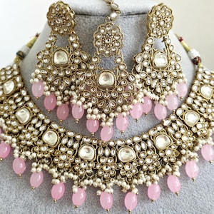 Różowy zestaw naszyjników Kundan/ Choker Kundan/ Biżuteria Bollywood/ Biżuteria indyjska/ Naszyjnik pakistański/ Naszyjnik pendżabski/ Ślubny/ Ślub indyjski