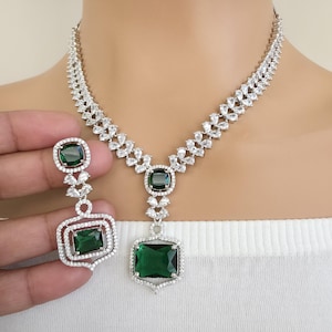 Green Silver CZ Diamond necklace, American Diamond Necklace,Indian pakistani jewelry for wedding, gift for her, bridal jewelry