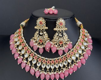 Pink Kundan Necklace Set/ Kundan Choker/ Bollywood Jewelry/ Indian jewelry/ Pakistani necklace/ punjabi necklace/bridal/indian wedding