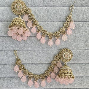 Pink Polki Pearl bahubali jhumka, Kundan jhumnka, bahubali earrings, Pearl jewelry for wedding, indian pakistani jewelry