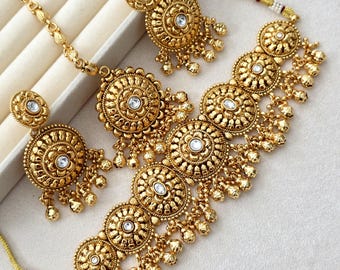 One Gram Antique Gold Ghungroo Choker Necklace/Punjabi necklace with Jhumka, and Tikka /Wedding necklace/Gold Necklace/Indian necklace