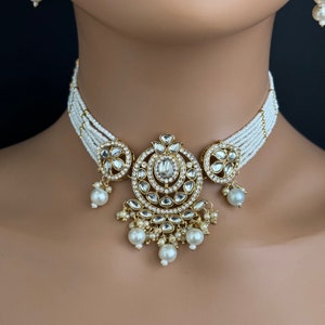 White Pearl Kundan Necklace Set/Kundan Choker/ Bollywood Jewelry/ Indian Pakistani necklace/ punjabi necklace/bridal necklace/indian wedding zdjęcie 3