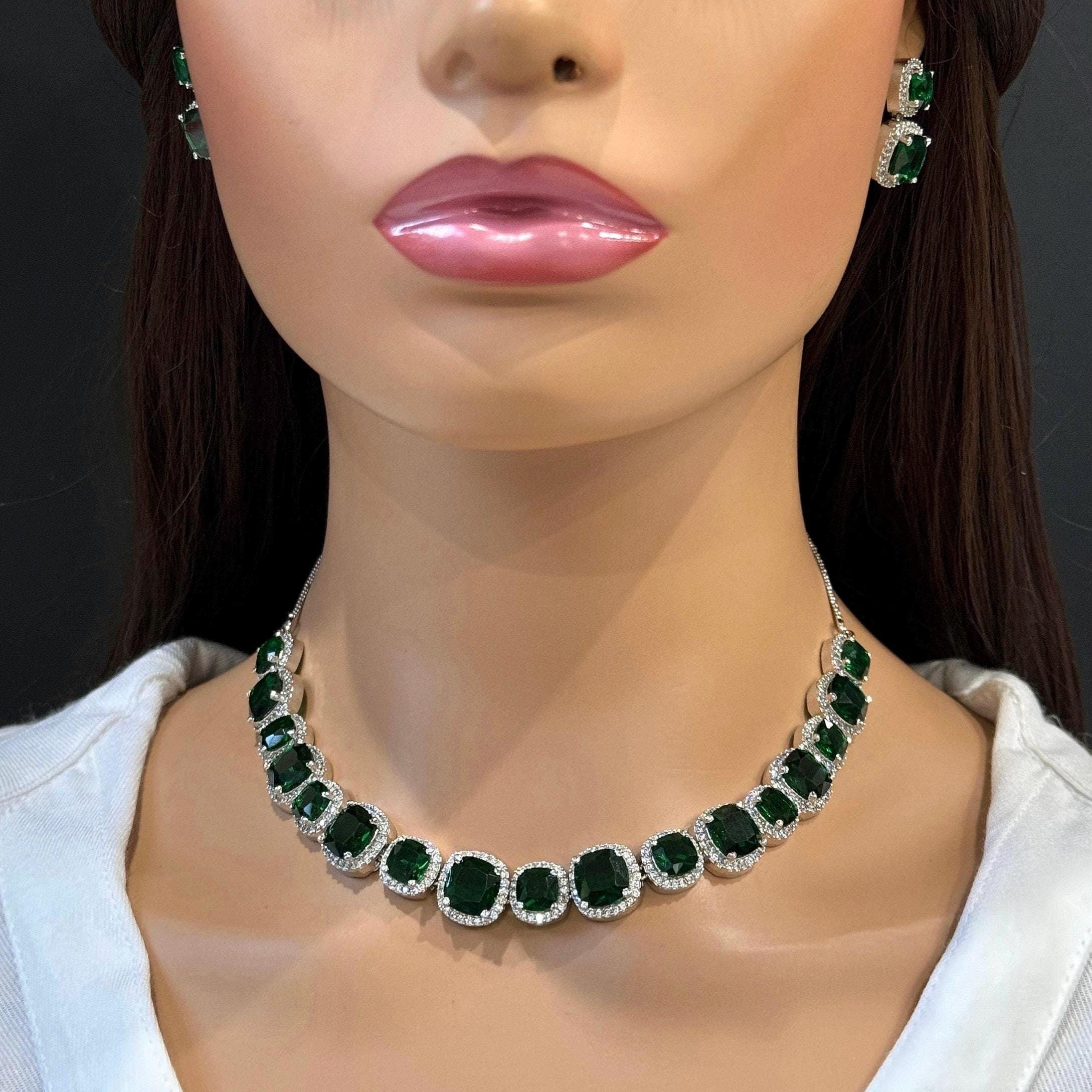 Emerald CZ Diamond Necklace,indian Pakistani Wedding Jewelry,mother of the Bride,crystal Necklace, Bridesmaid, Gift for Her - Etsy Emerald CZ Diamond Necklace,indian Pakistani Wedding Jewelry,mother of the Bride,crystal Necklace, Bridesmaid, Gift for Her - Etsy