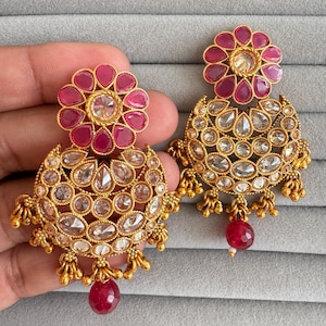 Gold Polki Kundan chandbali Indian Pakistani Earrings, Antique Chand Earring With Gold Plating, gold earrings, Indian wedding collection