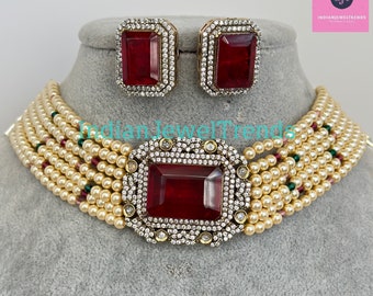 Rubino vittoriano doppietto perla dichiarazione girocollo di diamanti, girocollo ispirato a Sabyasachi, collana di design, gioielli indiani pakistani per il matrimonio