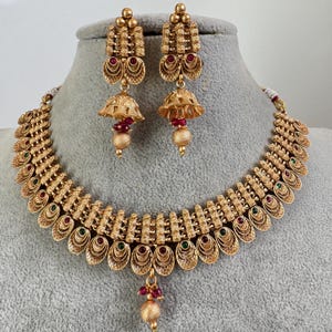 RubyGreen Gold Necklace South Indian Jewelry Temple Jewelry Guttapusalu Necklace Wedding necklace