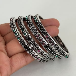 Restocked Multicolored Stones Oxidized Silver Bangles(4 Pc)/German Silver/Black Metal/Boho/Tribal/Indian Jewelry/Pakistani /Oxidized Bangles