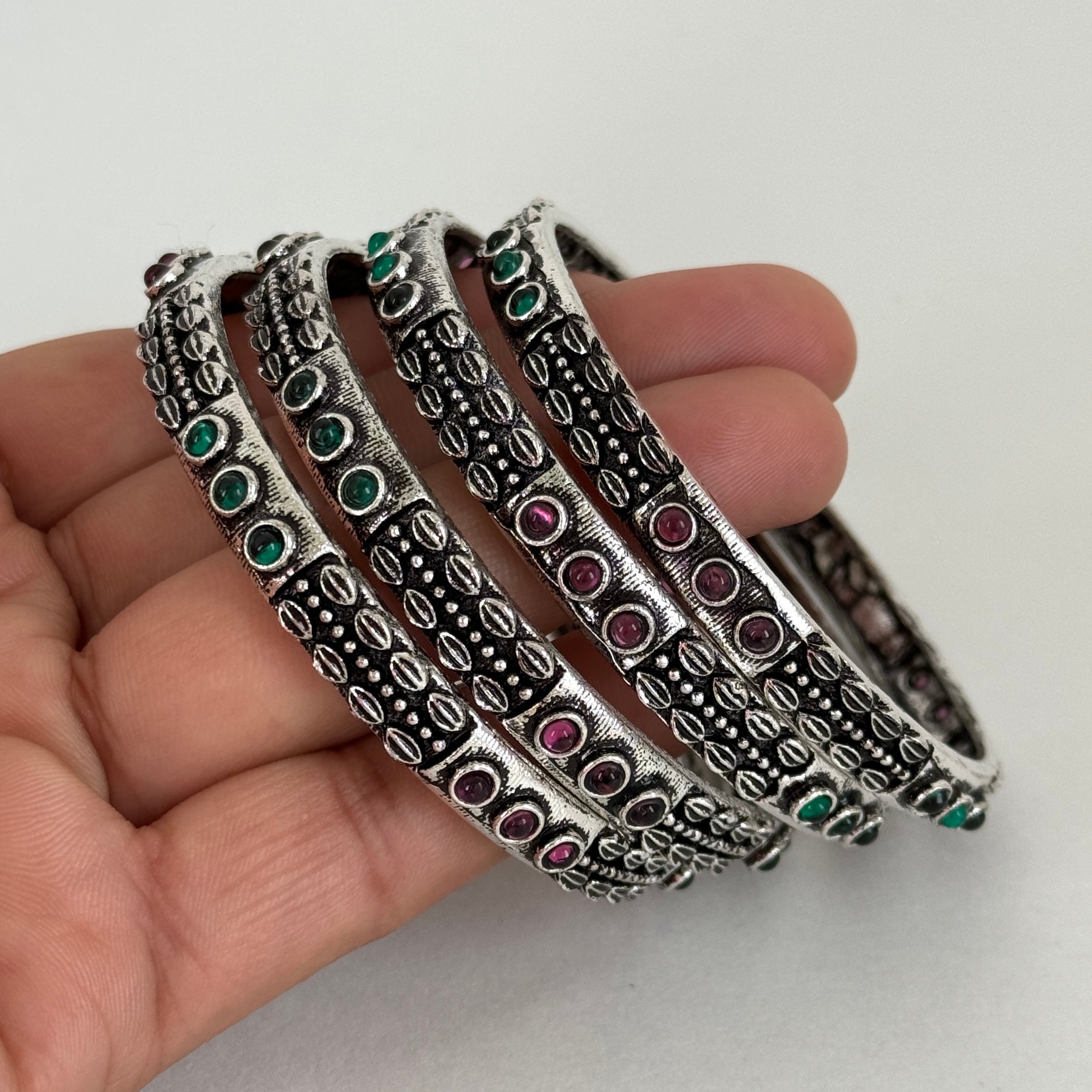Restocked Multicolored Stones Oxidized Silver Bangles(4 Pc Restocked Multicolored Stones Oxidized Silver Bangles(4 Pc