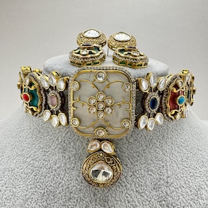Colar choker multicolorido inspirado em Sabyasachi com moissanita polki e kundan, joia indiana, colar estilo Bollywood Sabyasachi, joia paquistanesa