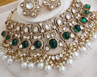Green Moissanite Polki Kundan Choker Necklace Set, Indian Bridal Jewelry