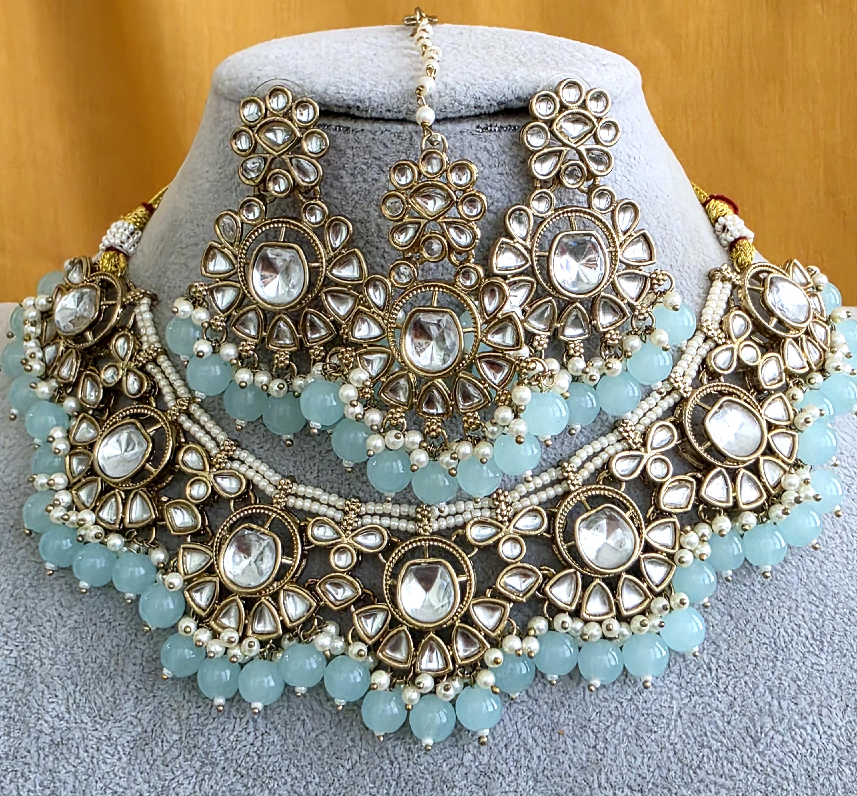 Aqua Blue Pearl Kundan Choker Necklace Set, Indian Pakistani Bridal Jewelry