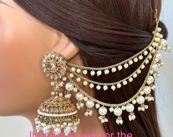 Parure De Cheveux à Chaîne Pour Mariage - Perles Et Doré - Support Pour Boucles D'oreilles Lourdes