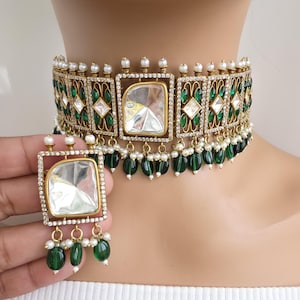 Green Victorian Moissanite polki Cz diamond choker Necklace,Indian Bridal Jewelry,Bollywood Sabyasachi Designer necklace, Pakistani Wedding