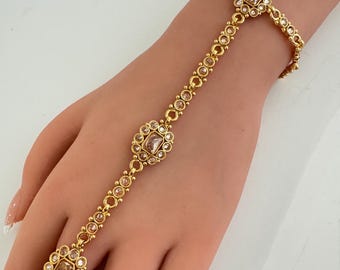 Gold Polki Hath Paan/Bracelet/Haath phool/Hathh Panja/finger Hand bracelet/Bridal Jewelry/hand harness/Indian Hand Jewelry/wedding jewelry