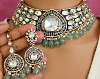 Collana girocollo vittoriana da sposa con pietre Pota Mossinate Polki color verde menta, collana da matrimonio indiana o pakistana, gioiello semiprezioso