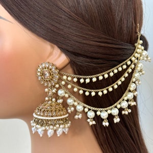Antique dull Gold pearl Ear Chain/Sahare/Pearl kaan chain/Earring support chain/Indian Jewelry/Pakistani Jewelry/Bahubali Kaan sahara