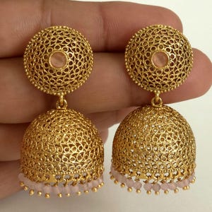 Pink Classic Light weight Gold plated Polki Jhumka/stone Jhumka/Indian/Pakistani/Punjabi/Indian/Statement earring/Bridal/Indian wedding