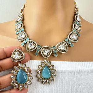 Aqua Blue Antique Kundan necklace/Uncut Kundan Necklace/Statement necklace/Punjabi Necklace/Pakistani Jewelry/Bridal necklace