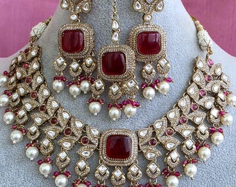 Ruby Kundan Necklace Set/ Kundan Choker/ Bollywood Jewelry/ Indian jewelry/ Pakistani necklace/ punjabi necklace/bridal/indian wedding