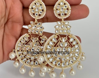 White gold Pearl Kundan chandbali Earrings, White chandbali earrings, Indian pakistani wedding jewelry, bridesmaid gift