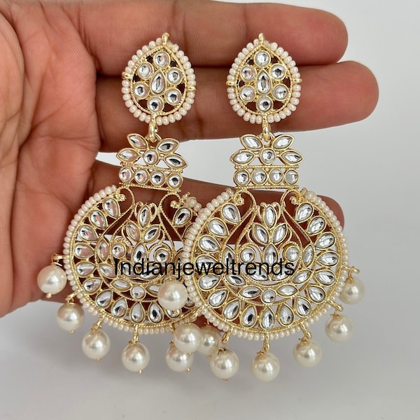 White gold Pearl Kundan chandbali Earrings, White chandbali earrings, Indian pakistani wedding jewelry, bridesmaid gift