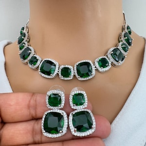 Emerald CZ diamond Necklace,Indian Pakistani wedding Jewelry,Mother of the Bride,Crystal Necklace, Bridesmaid, Gift for her