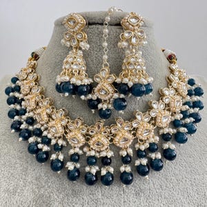 Teal Blue pearl Kundan Necklace/Bollywood Jewelry/Indian bridal Kundan necklace/indian Pakistani Punjabi wedding jewelry