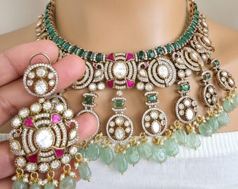 Green Bridal Victorian Moissanite Polki Kundan Necklace,Sabyasachi Necklace,Indian Bridal Jewelry,Bollywood Designer Necklace