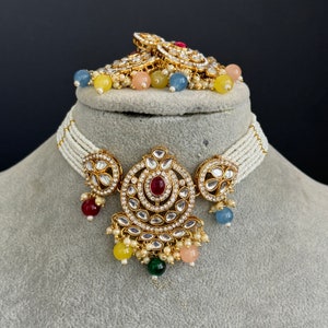Multi Kundan Necklace Set, Pearl Kundan Choker, Bollywood Jewelry, Indian Pakistani jewelry for wedding