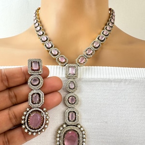 Pink Victorian CZ stone diamond Necklace, Sabyasachi Necklace, Statement Necklace, Semi Precious Necklace, Designer necklace