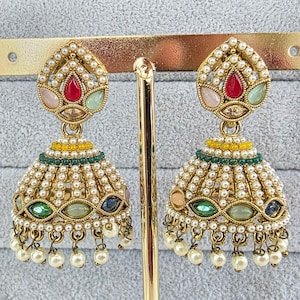 Multi dull Gold plated Polki Jhumka/stone Jhumka/Indian Jewelry/Pakistani/Punjabi/Indian/Statement earring/Bridal earring/Indian wedding