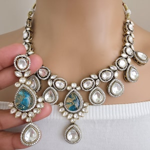 Rama Blue Victorian Moissanite polki kundan necklace/Sabyasachi Necklace/Kundan Jewelry/Indian wedding collection/Bridal Indian Pakistani