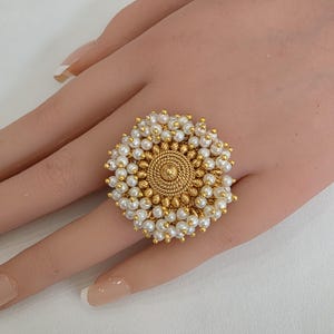 Oversized Statement Gold Pearl Ring/Adjustable Ring/ Indian Ring/Pakistani Jewelry/ Indian Jewelry/ Bollywood Jewelry/Indian Wedding jewelry