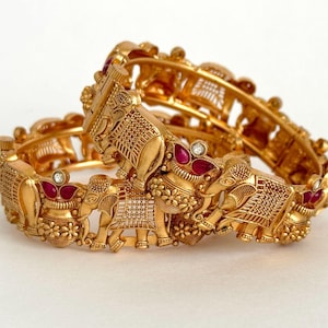 Indian Gold Kada, Antique Temple Bangle | Ruby Accent, Matte Plating, Bridal Rajwadi Design, One Pc