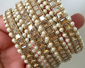 HandmadeShadow Stone  Polki Pearl Indian Bangles, Antique Finish, Bridal Jewelry Set