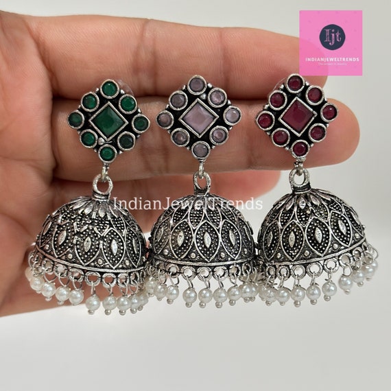 Round Antique Oxidized Colored German Silver Earrings, Indian Wedding for  women | eBay