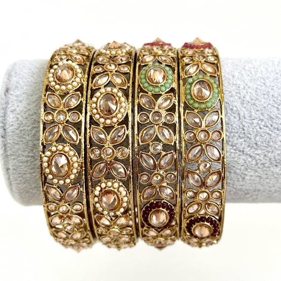 A Pair of Polki Pearl Kundan antique dull gold finish Bangles Pair Punjabi bangles Bridal bangles Indian wedding jewelry Pakistani Kada