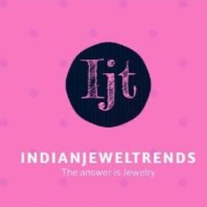 May include: A square graphic with a bright pink background featuring a subtle polka dot pattern. In the center, a dark navy blue circle contains the stylized pink letters Ijt. Below, the text INDIANJEWELTRENDS appears with The answer is Jewelry.