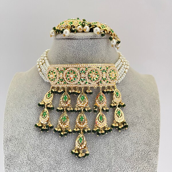 Punjabi Jadau set/Hyderabadi Jadau/Indian jewelry/Gold plated/Kundan jewelry/Pearl semi precious stone/Traditional Jadau/Jadau choker/Bridal