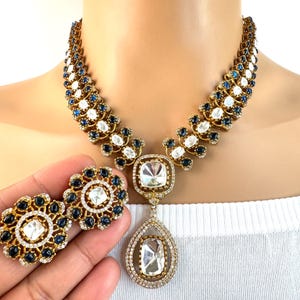 Blue Victorian Moissanite Necklace, Semi-precious muti stones Pendant Necklace, Indian Bridal Jewelry, Bollywood Sabyasachi Necklace