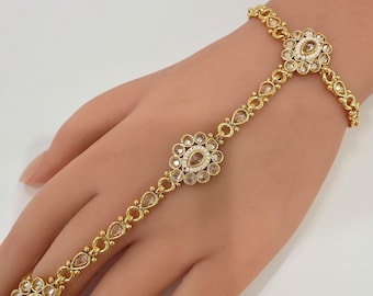 Gold Pearl Polki Hath Paan/Gold Bracelet/Haath phool/Hathh Panja/finger Hand bracelet/Bridal Jewelry/hand harness/Hand cuff Jewelry,