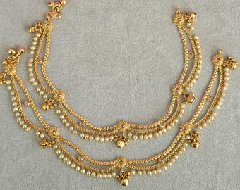 Bruids vergulde enkelband paar/Payal/Moti Payal/Jhanjran/Panjeb/Pajeb/Indiase traditionele enkelbanden/Indiase sieraden/Pakistaanse sieraden