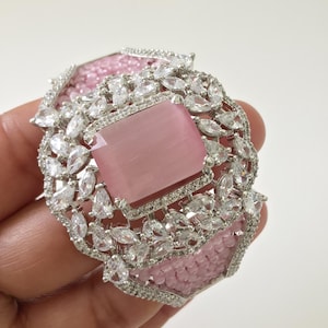Pink CZ American Diamond Beads openable bracelet one size fit sizes 2.4 and 2.6, single broad Statement diamond bangle bracelet,