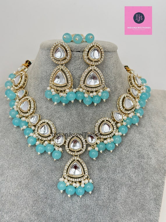 Sky blue kundan necklace set deals