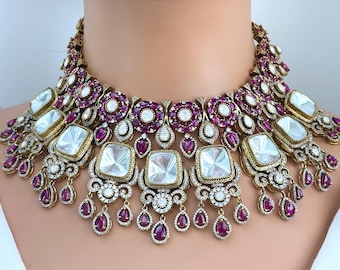 Collar de novia con rubí, moissanita, polki, Kundan, estilo victoriano, sabyasachi, joyería tradicional, étnica, Kundan, joyería nupcial india y pakistaní