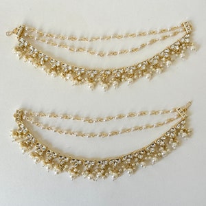 Gold kundan pearl Ear Chain/Sahare/Pearl kaan chain/Earring support chain/Indian Jewelry/Pakistani Jewelry/Bahubali Eaarrings/Kaan sahara