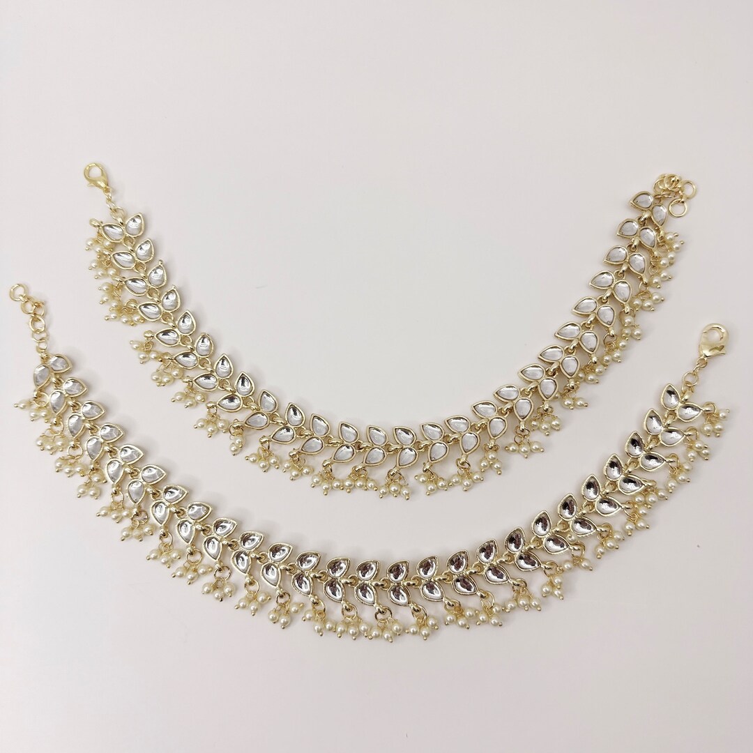 18k Gold Plated Bridal Kundan Pearl Anklets/Payal For Women