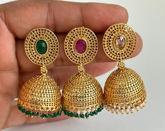 Classique Poids léger Plaqué or Polki Jhumka/pierre Jhumka/Indien/Pakistanais/Punjabi/Indien/Boucle d’oreille de déclaration/Mariage/Mariage indien